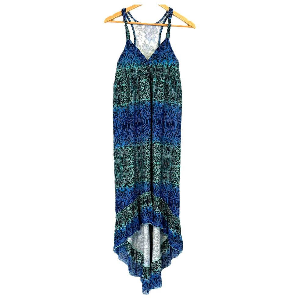 No Boundaries Blue Green Leopard Print High Low Summer Dress W Lace RacerBack M